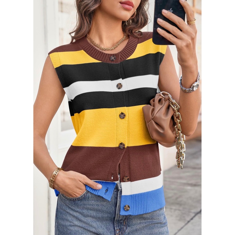 NWT Womens Color Block Striped Sweater Vest Button Up Knit Tank Top Yellow SZ M